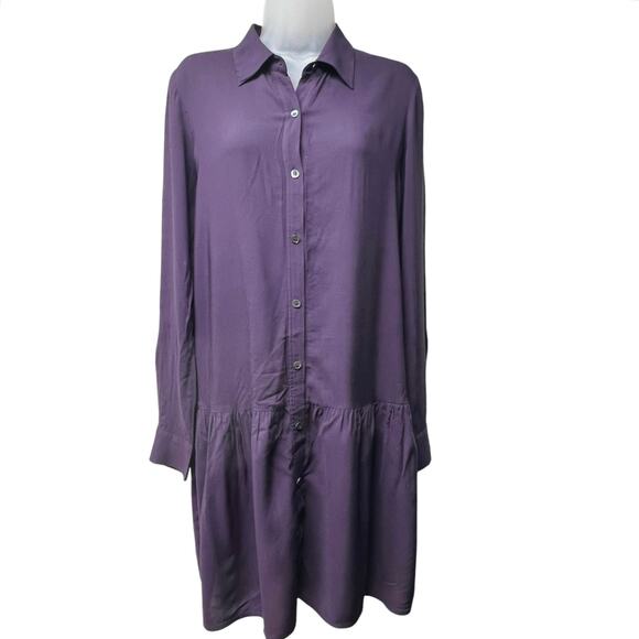 Theory Failly Rove Pleated Drop Waist Long Sleeve Purple Button Shirt Dress Sz 6 - Picture 2 of 8